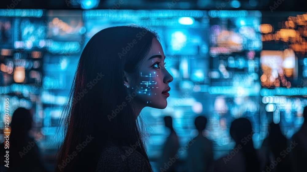 An AI-powered translator in a global conference, projecting real-time language subtitles An AI-powered translator in a global conference, projecting real-time language subtitles