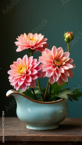 Wallpaper Mural Softly glowing dahlia blooms adorn a weathered ceramic vessel, ceramic flowers, vintage sauceboat Torontodigital.ca