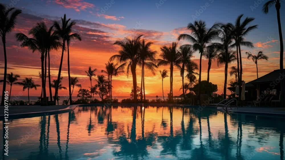 A serene sunset video scene with palm trees reflected in a pool. Captured from a low angle, emphasizing the vibrant sky and tranquil water. A serene sunset video scene with palm trees reflected in a pool. Captured from a low angle, emphasizing the vibrant sky and tranquil water.