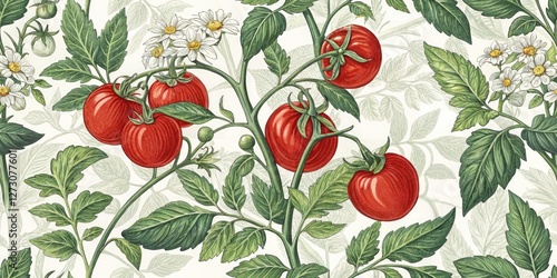 Vintage Tomato Plant Botanical Illustration, Bokeh Garden Art, Retro Tomato Illustration,  Garden Art Print,  Botanical Print,  Vintage Plant Illustration