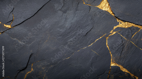 Cracked black stone with gold veins texture for elegant background
