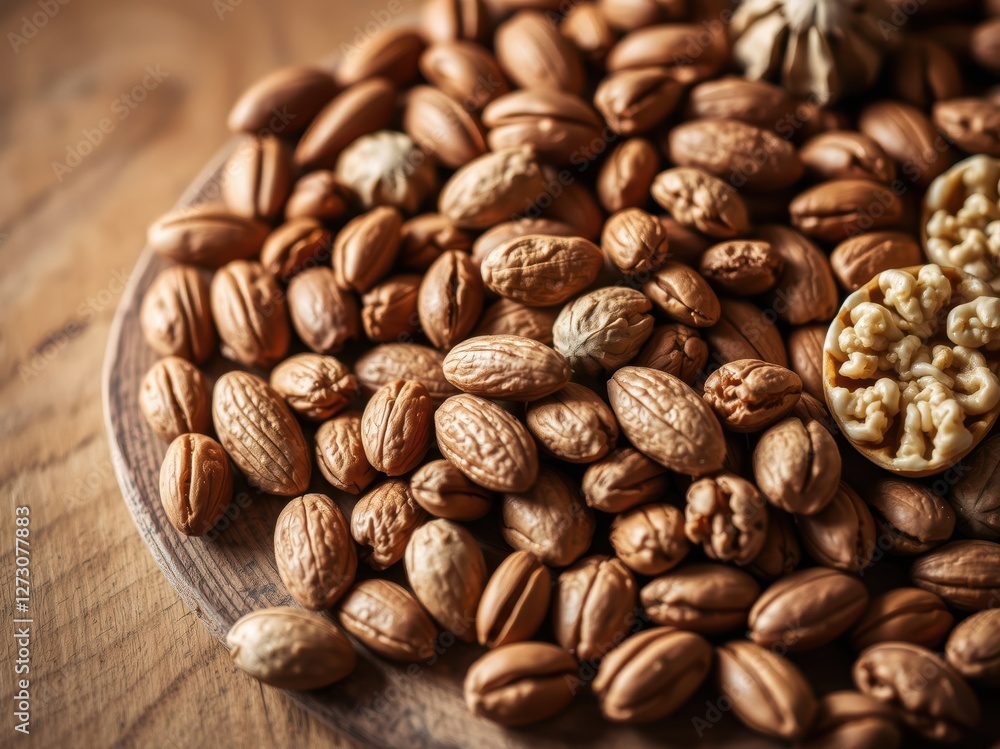 Fototapeta premium Pile of Pecans and Walnuts on Wooden Surface