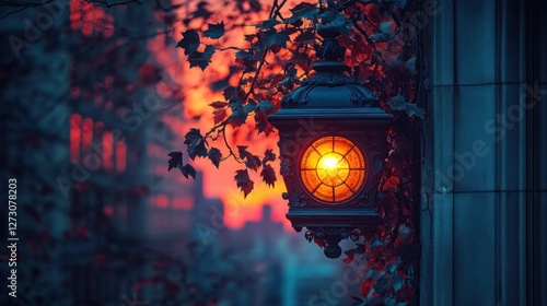 Ornate lantern glows at sunset, city backdrop photo