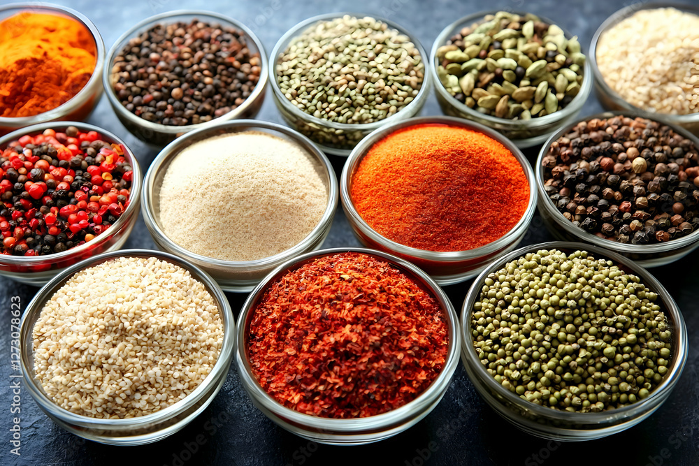 Colorful spices in glass bowls, kitchen table, food preparation Colorful spices in glass bowls, kitchen table, food preparation