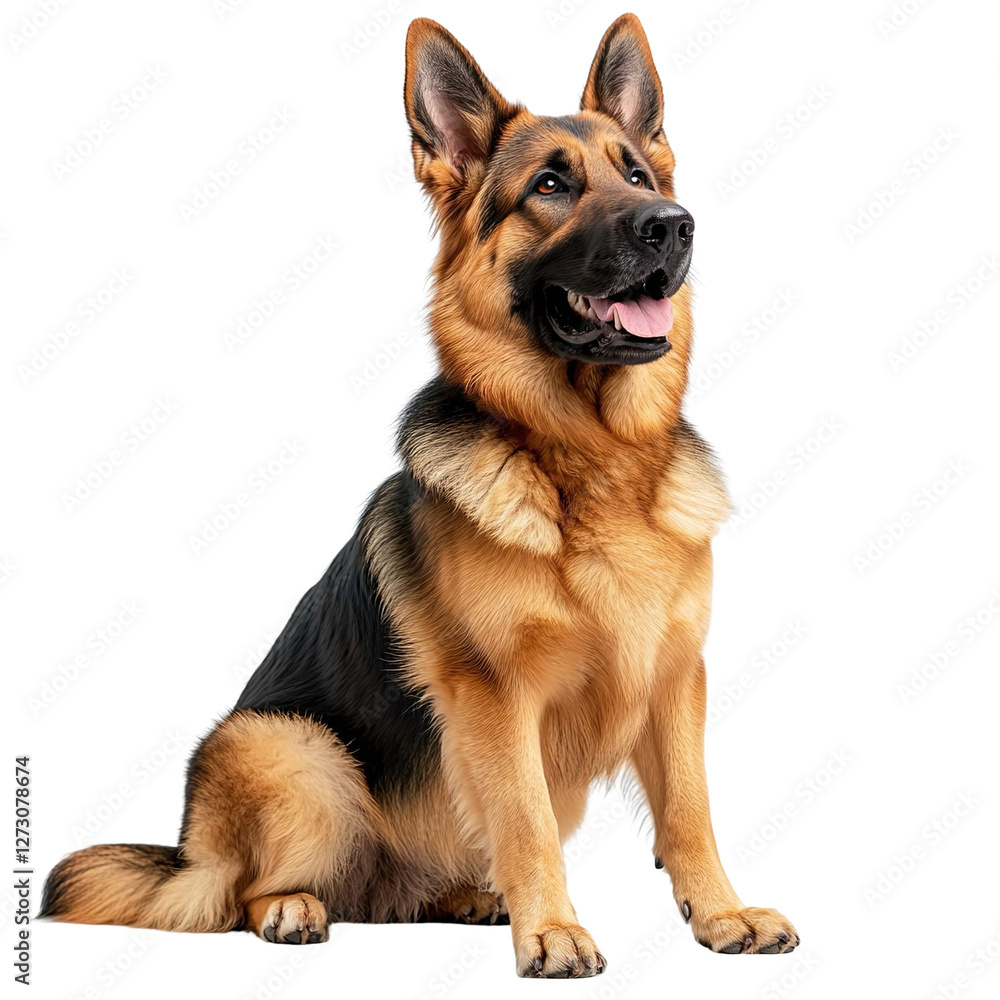 Angled view full body shot of an extremely perfect looking single Sable German Shepherd isolated on a white transparent background