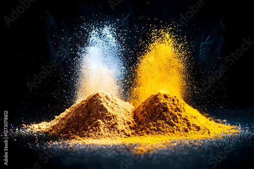 Exploding spice powder piles, dark background, food photography, recipe illustration photo