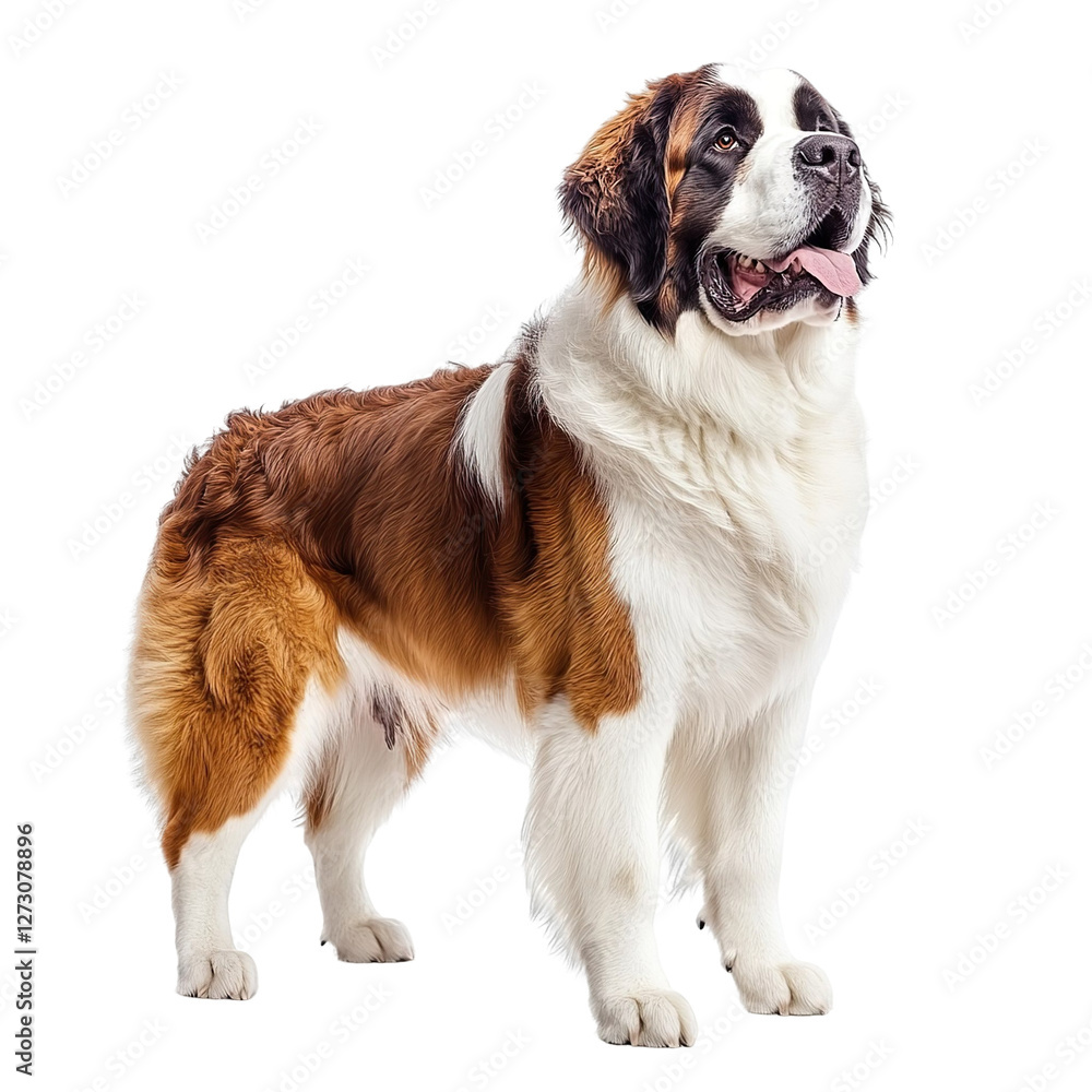Angled view full body shot of an extremely perfect looking single Saint Bernard isolated on a white transparent background Angled view full body shot of an extremely perfect looking single Saint Bernard isolated on a white transparent background