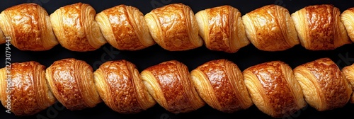 Pistachio Croissant, Fresh Puff Pastry Pie on Green Background, Sweet Kipferl with Pistachio