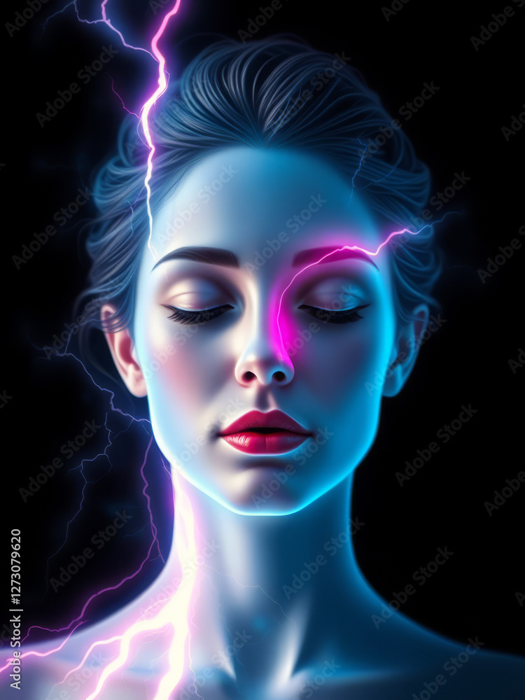 Female portrait with electric pink zipper effect in blue and black shadows
Female portrait with electric pink zipper effect in blue and black shadows