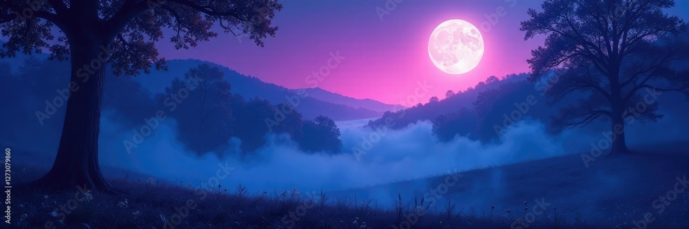 Fototapeta premium Softly glowing moonlight illuminates a misty forest with shades of blue purple pink, abstract, moonlight