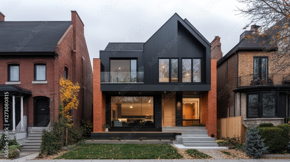 Obraz premium Modern Black and Brick House Design in Residential Area
