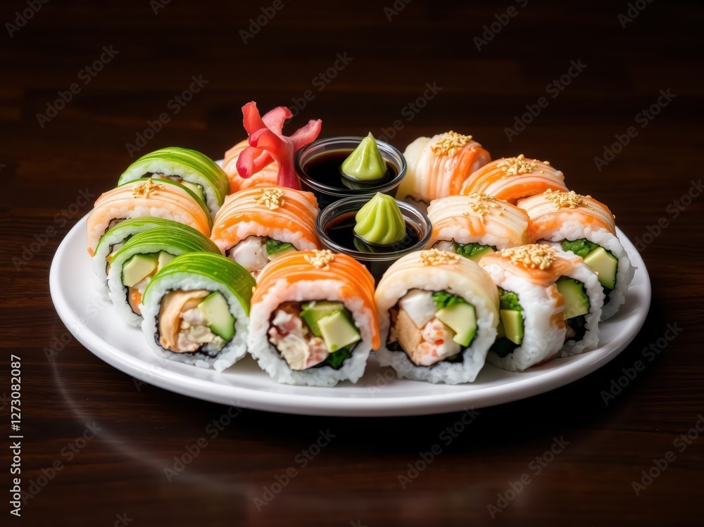 Sushi Platter with Salmon and Avocado Rolls Sushi Platter with Salmon and Avocado Rolls