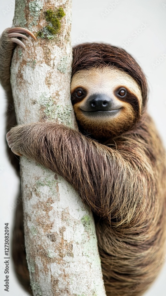 Fototapeta premium A sloth is comfortably hugging a tree trunk, displaying a peaceful and friendly demeanor