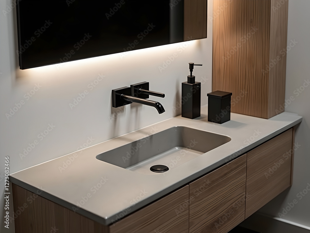 Modern minimalist bathroom sink with concrete countertop and black fixtures. 3D Rendering
Modern minimalist bathroom sink with concrete countertop and black fixtures. 3D Rendering