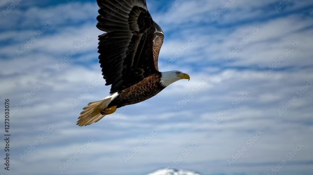 A majestic bald eagle soars against a cloudy sky, captured in a dynamic low-angle shot, evoking a sense of freedom. Ideal for a nature video. A majestic bald eagle soars against a cloudy sky, captured in a dynamic low-angle shot, evoking a sense of freedom. Ideal for a nature video.