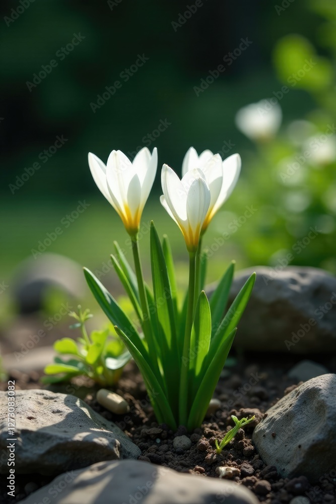 White flowers push through stony soil in quiet bloom, quiet, botanical, bloom White flowers push through stony soil in quiet bloom, quiet, botanical, bloom
