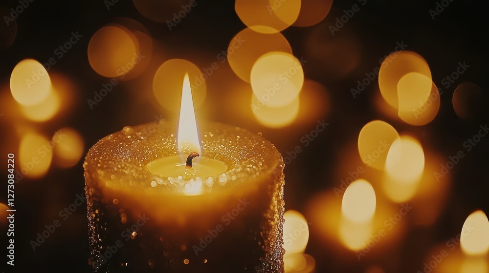 A single candle glows warmly in a dim area, surrounded by soft bokeh effects A single candle glows warmly in a dim area, surrounded by soft bokeh effects