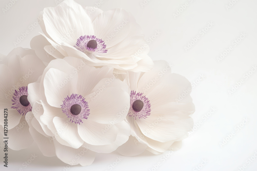 White anemone flowers with delicate petals and purple centers White anemone flowers with delicate petals and purple centers