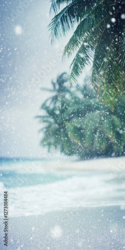 Tropical beach with palm trees and ocean under snowfall in a winter wonderland scene