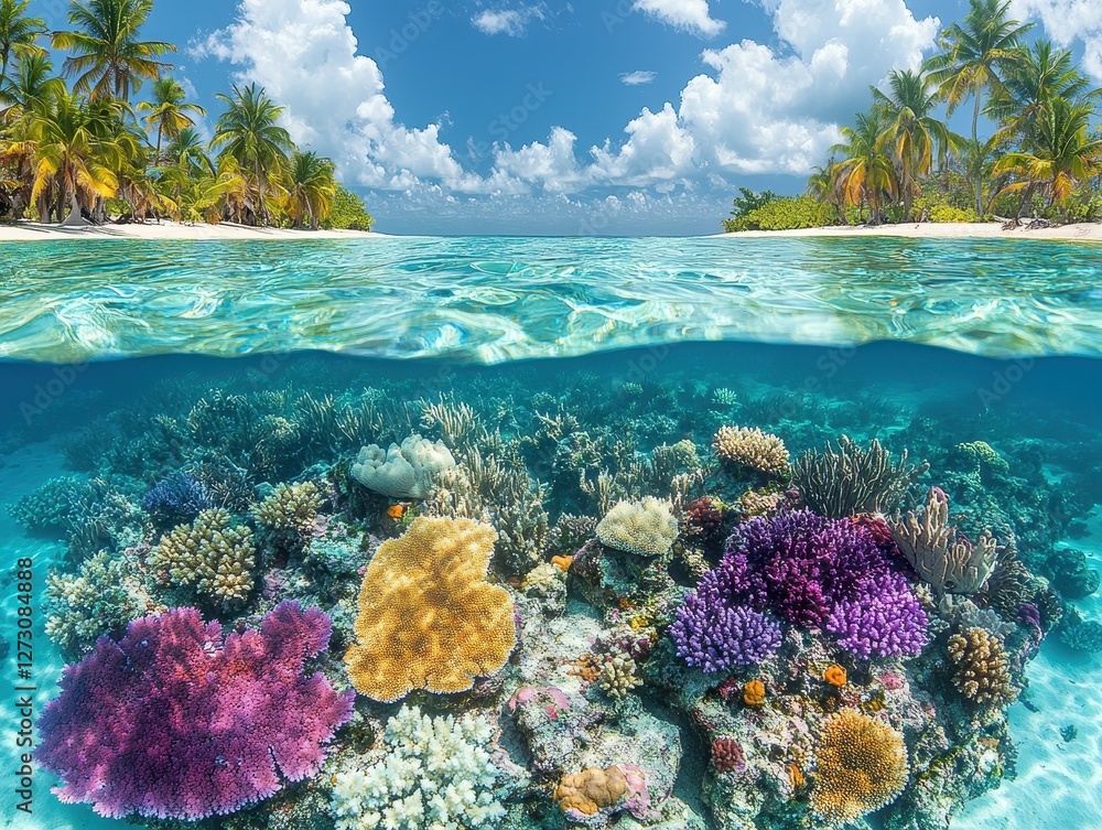 Naklejka premium Snorkeling in crystal-clear water, colorful coral reef, diverse marine life, underwater adventure