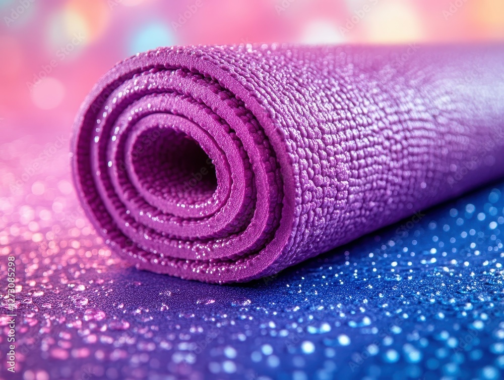 Yoga mat, close-up, textured surface, sweat droplets, studio lighting, zen atmosphere Yoga mat, close-up, textured surface, sweat droplets, studio lighting, zen atmosphere