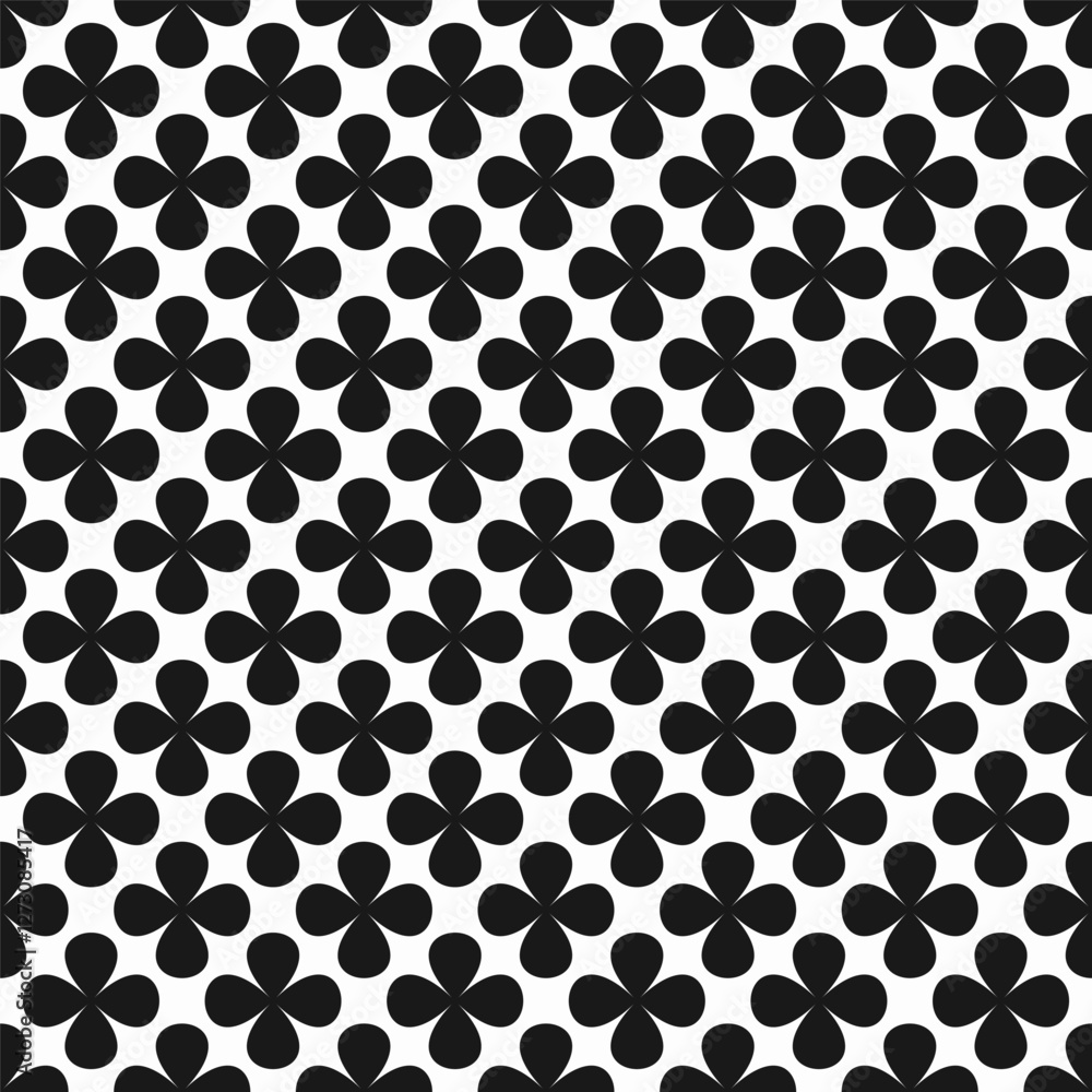 Black and white floral pattern featuring seamless clover shapes. Geometric vector design in retro style, offering high quality illustrations for decor, wallpaper, and print Black and white floral pattern featuring seamless clover shapes. Geometric vector design in retro style, offering high quality illustrations for decor, wallpaper, and print