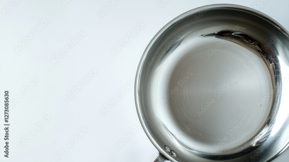 Stainless steel frying pan with a shiny finish. Ideal for cooking various dishes, featuring a sleek design and durable handle on white background. Stainless steel frying pan with a shiny finish. Ideal for cooking various dishes, featuring a sleek design and durable handle on white background.