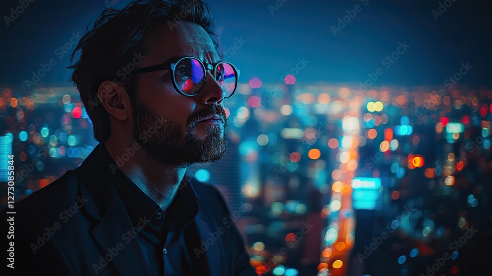 visionary businessman overlooking a futuristic digital network cityscape at night symbolizing the new year 2025 with advanced technology and urban innovation visionary businessman overlooking a futuristic digital network cityscape at night symbolizing the new year 2025 with advanced technology and urban innovation