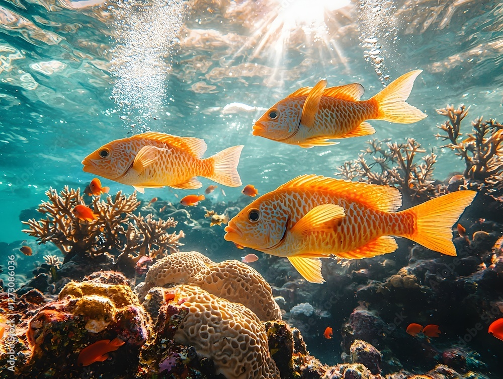 Fototapeta premium Vibrant Coral Reef Teeming with Diverse Marine Life and Activities