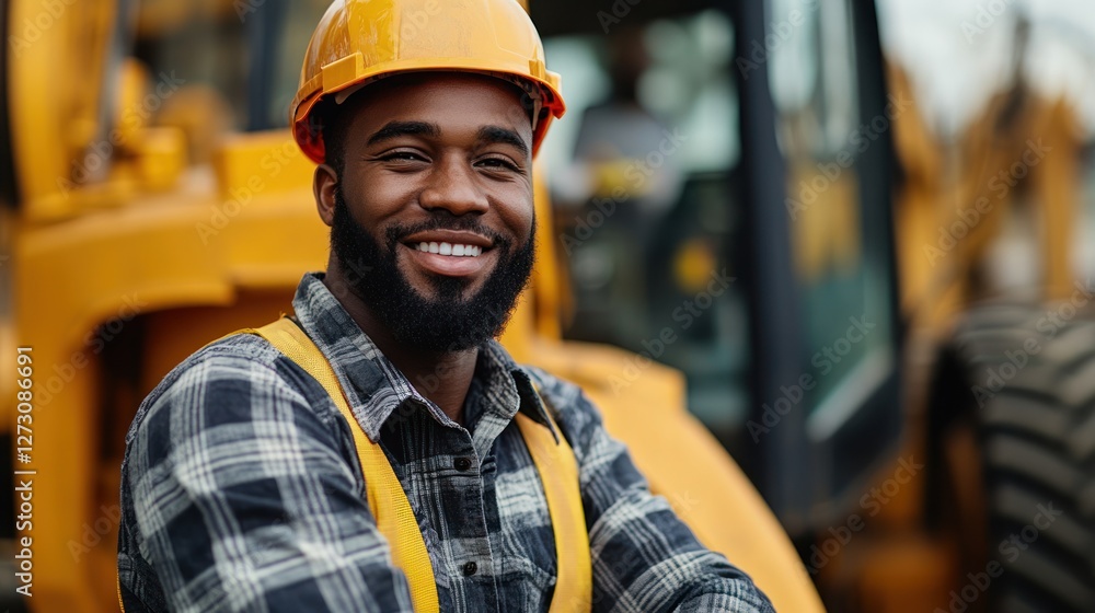 Smiling worker, construction site, excavator background, safety gear Smiling worker, construction site, excavator background, safety gear