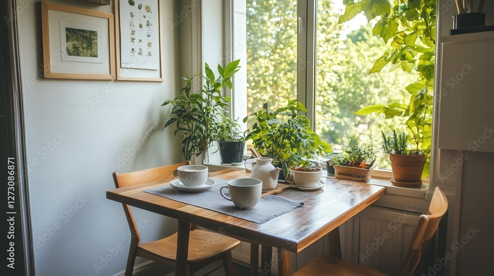 Fototapeta premium A bright and cozy breakfast nook by the window, featuring a small table, wooden chairs, and warm decor