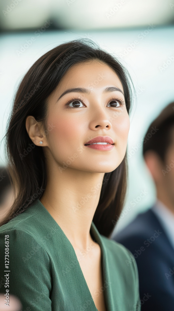 Portrait of young Asian woman in green blazer focused during business meeting Portrait of young Asian woman in green blazer focused during business meeting