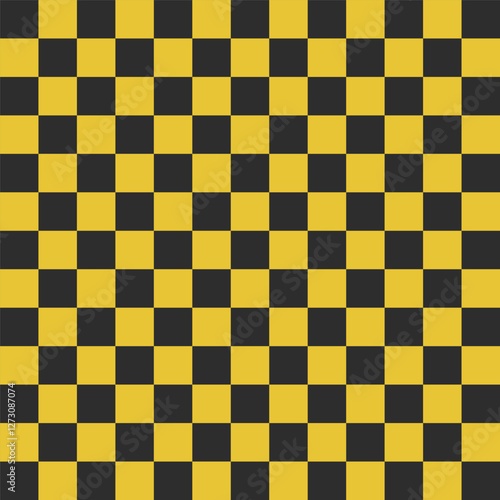 Seamless black and yellow chess checkered grid pattern in Memphis style. Geometric vector design for backgrounds and wallpapers. Minimal aesthetics with flag elements and modern hipster appeal