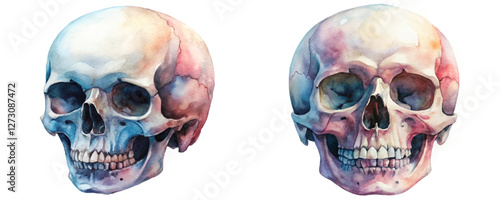 Watercolor skull illustration, anatomical art, vibrant colors, detailed shading, artistic design, medical education, decorative artwork.