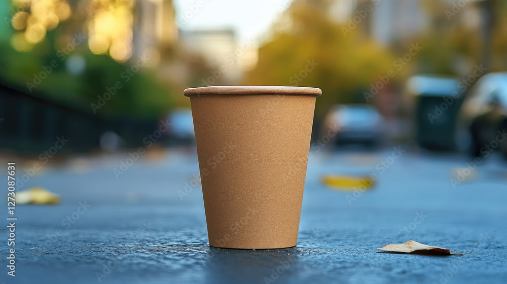 cardboard cup against city street background cardboard cup against city street background