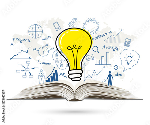 Business concept. Light bulb with business success drawing strategy plan idea on open book. Vector illustration.