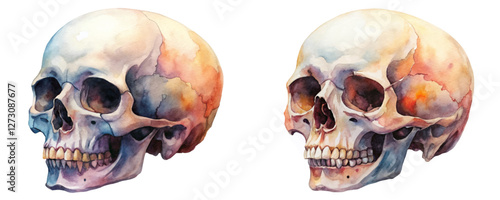 Watercolor skull illustration, anatomical art, medical illustration, colorful design, detailed shading, artistic rendering.