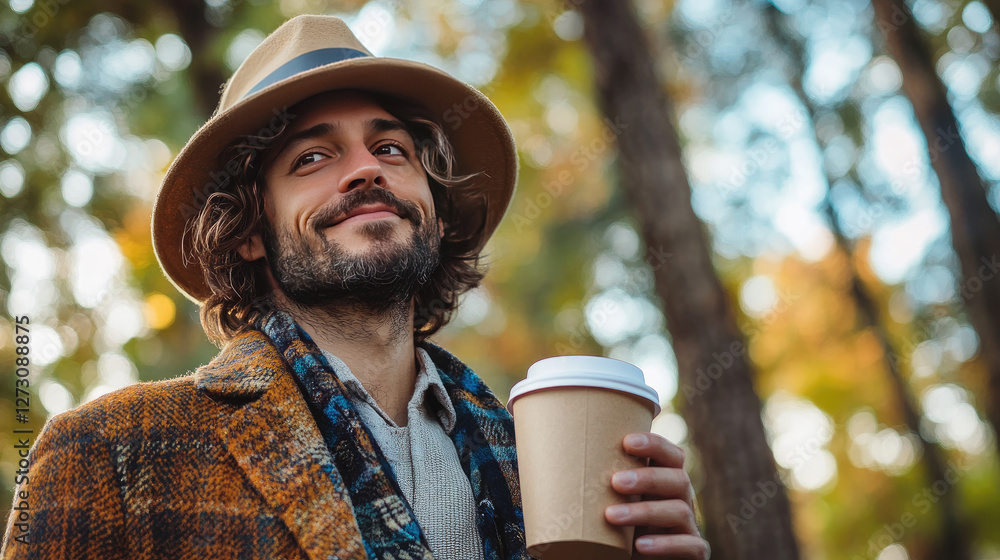 man holding paper coffee cup outdoors with space for a text, man holding paper coffee cup outdoors with space for a text,