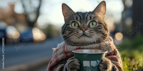 cat panhandler living on the streets in poverty photo