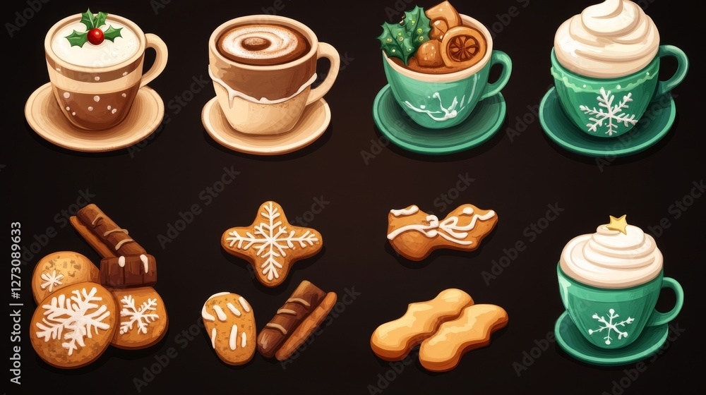 Festive hot drinks and biscuits set, decorated Christmas cookies, winter coffee cups, spiced beverages, traditional gingerbread shapes, charming cartoon illustration style Festive hot drinks and biscuits set, decorated Christmas cookies, winter coffee cups, spiced beverages, traditional gingerbread shapes, charming cartoon illustration style