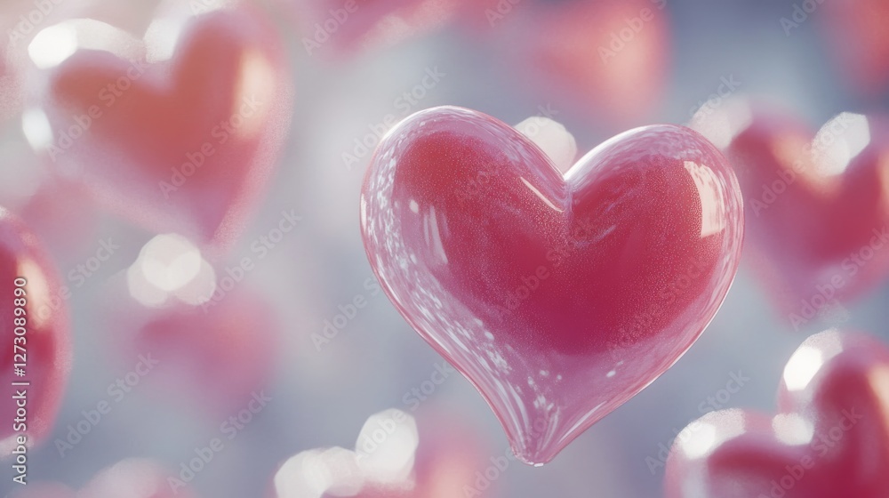 Fototapeta premium floating pink hearts background, soft gradient bokeh effect, ethereal dreamy atmosphere, romantic scattered hearts, delicate transparency, pastel color palette, abstract love pattern, gentle blurred