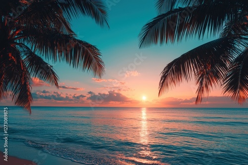 Fototapeta Naklejka Na Ścianę i Meble -  Dark palm trees silhouettes on colorful tropical ocean sunset landscape