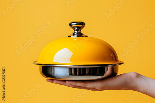 Hand holding a yellow cloche dish on yellow background photo