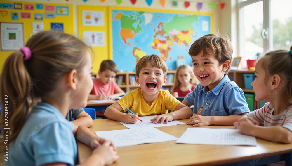 Cheerful elementary school classroom with children laughing while learning, bright posters and study materials on the walls, warm and inviting atmosphere Cheerful elementary school classroom with children laughing while learning, bright posters and study materials on the walls, warm and inviting atmosphere