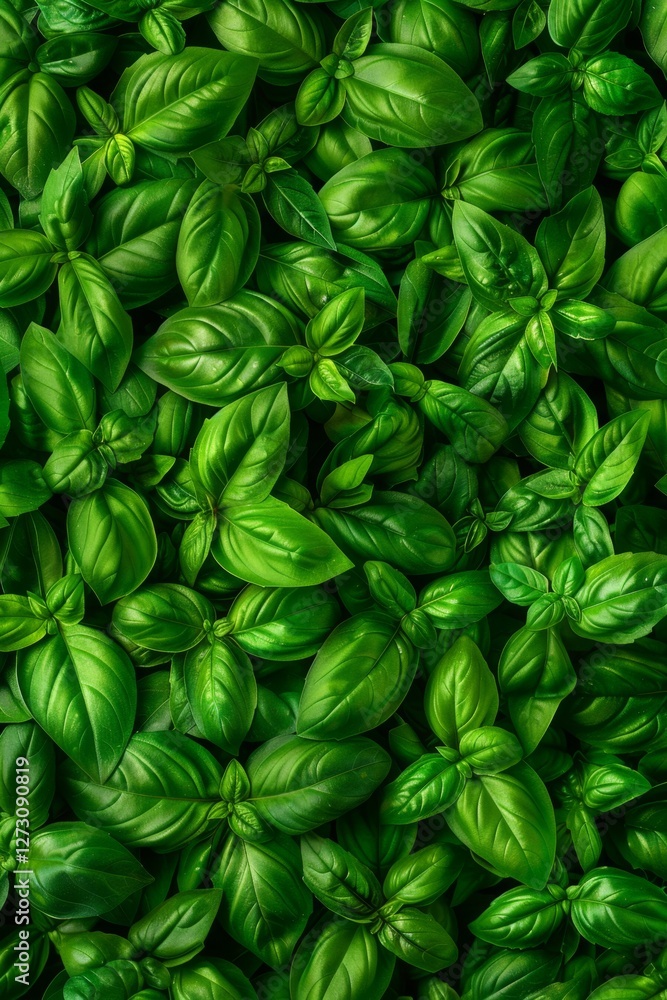 Many fresh Basil leaves texture background, fragrant spices pattern, Ocimum basilicum mockup, great basil