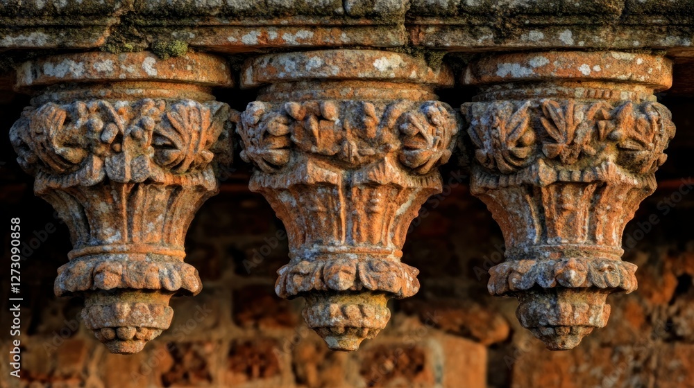 Naklejka premium Ornate terracotta pillars, ancient Indian architecture, weathered detail, blurred historical background