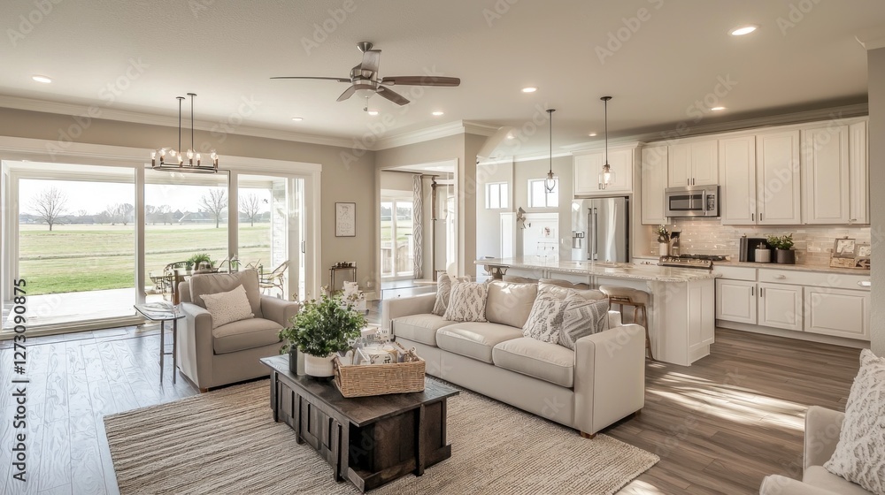 Fototapeta premium Modern Farmhouse Living Room Design with Open Kitchen and Serene View