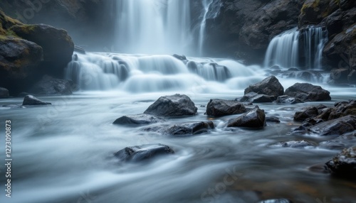 Majestic waterfall cascading over rocky landscape in serene nature scene