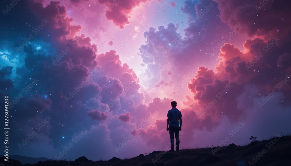 Fototapeta premium Young male gazing at vibrant pink and purple sunset sky with dramatic clouds