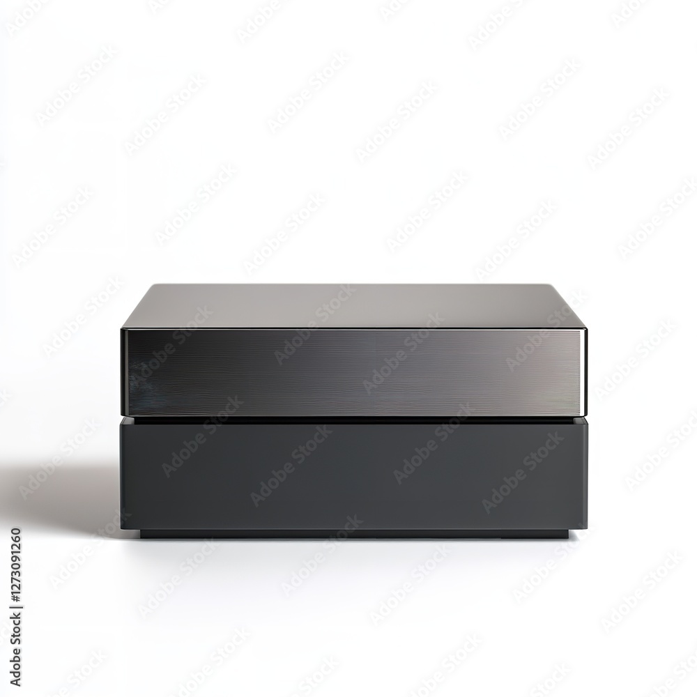 Modern Black and Metallic Display Box: A sleek, rectangular box with a two-tone design, featuring a dark metallic top and a matte black base. Isolated on a white background, ideal for product photogra Modern Black and Metallic Display Box: A sleek, rectangular box with a two-tone design, featuring a dark metallic top and a matte black base. Isolated on a white background, ideal for product photogra